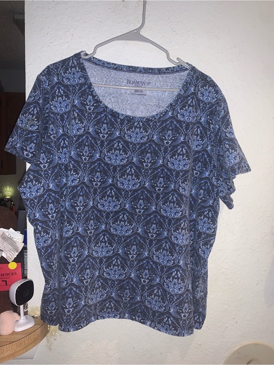 Roaman's Tops - Roaman's Navy Blue Patterned Short Sleeve Scoop Neck Top